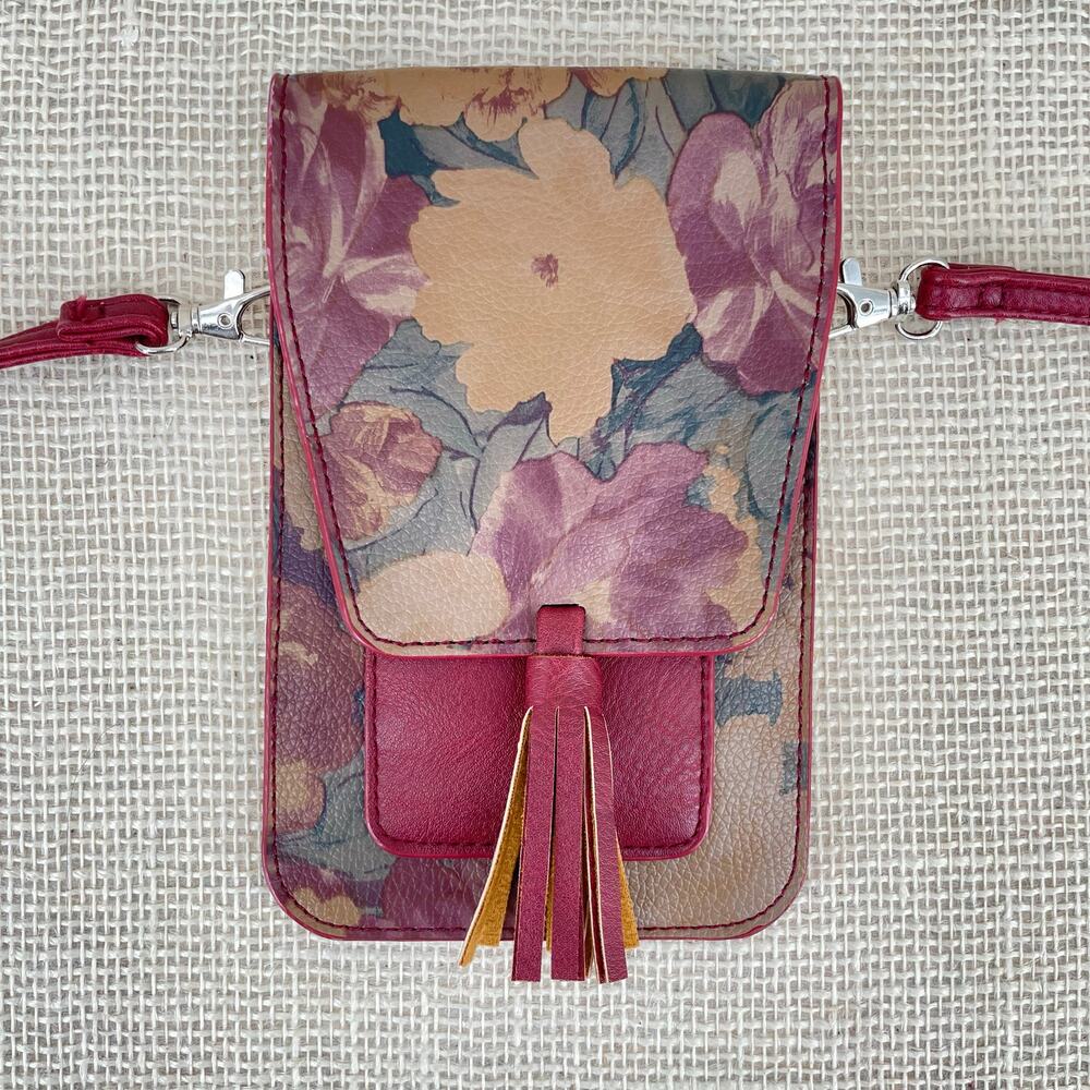 Crossbody, Faux Leather Floral, Cell‎ Phone, Clip for attaching to totes/belts.